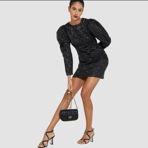 & Other Stories Textured Puff Sleeve Black Dress sz 0 Mini Jacquard XS - Picture 1 of 16